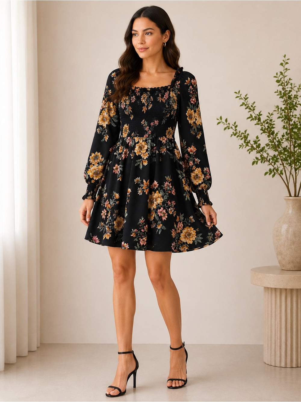Xhilaration Black Floral Smocked Mini Dress Size S